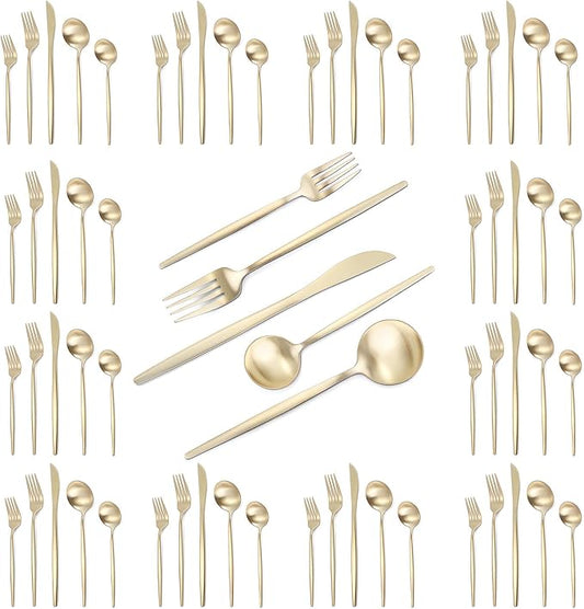 VANVRO Champagne Gold Silverware Set, 60-Piece Stainless Steel Flatware set,Matte Silverware Sets Service for 12, Tableware Cutlery Satin Finish Utensils for Kitchen,Dishwasher Safe
