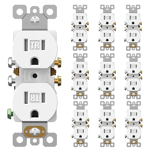 AIDA 10 Pack Matte White 15 Amp Outlet Duplex Electrical Receptacle Outlets,Power Outlet,Tamper Resistant,Heavy-Duty Receptacle, 2 Pole,3-Wire, Self-Grounding Clip, NEMA 5-15R,UL Listed