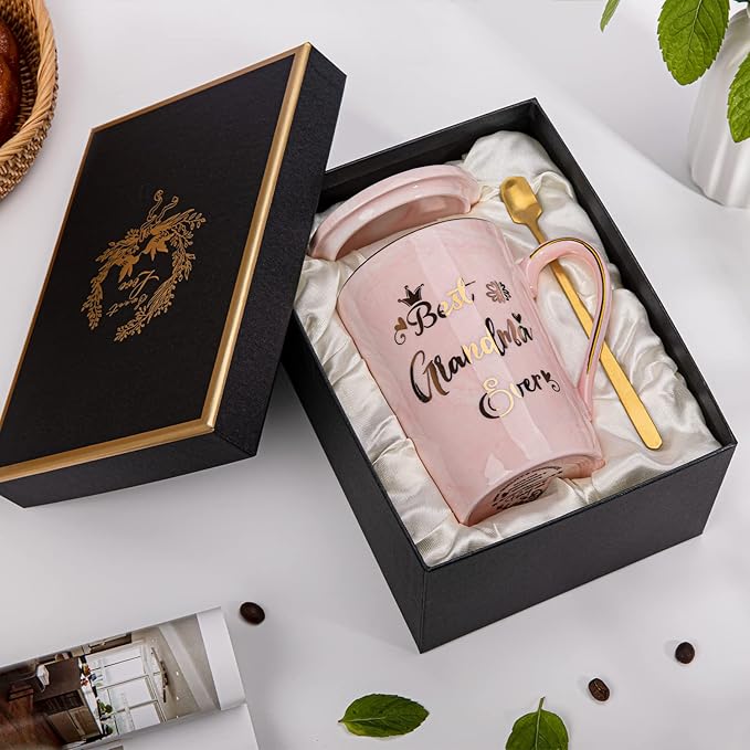 Grandma Gifts for Grandma, Mothers Day Birthday Gift for Grandmother from Granddaughter Grandson - 14Oz Pink Marble Ceramic Coffee Mugs Print with Real Gold - Lid Spoon Card, Box
