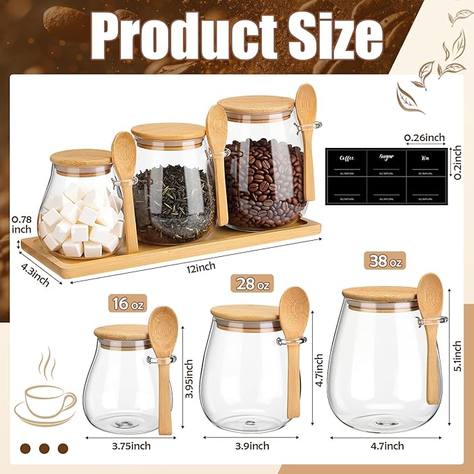 Suclain 3 Pcs Glass Coffee Container with Wooden Lid Spoon Tray Shelf Labels Clear Airtight Glass Jar Storage Container Set for Coffee Beans Tea Leaves Grains Dried Fruits Sugar Spice (16oz 28oz 38oz)