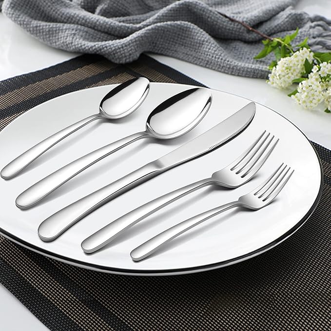 HaWare Heavy Duty Silverware Set, 45 Pieces Stainless Steel Flatware with Serving Utensils, Weight Tableware for 8, Modern Cutlery for Home, Dishwasher Safe, Mirror Polished