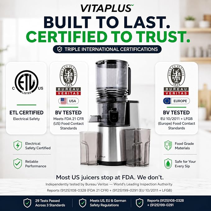 VITAPLUS Stainless Steel Auger Cold Press Juicer, AC Motor Slow Masticating Juicer, Plastic-Free Extractor for Whole Fruits & Vegetables, 5.8" Wide Chute, BPA-Free, Easy to Clean, FDA21 CFR Tested
