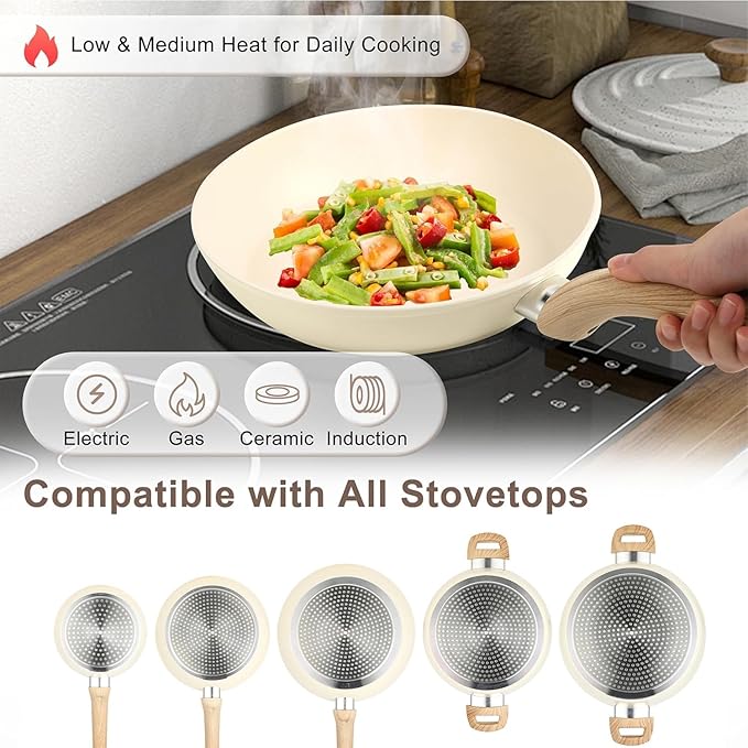 11 Pcs Pots and Pans Set, Nonstick Cookware Set with Lids and Wooden Handles, Silicone Spoons & Spatulas, Non-toxic Healthy Kitchen Cooking Set, PFAS & PFOA Free