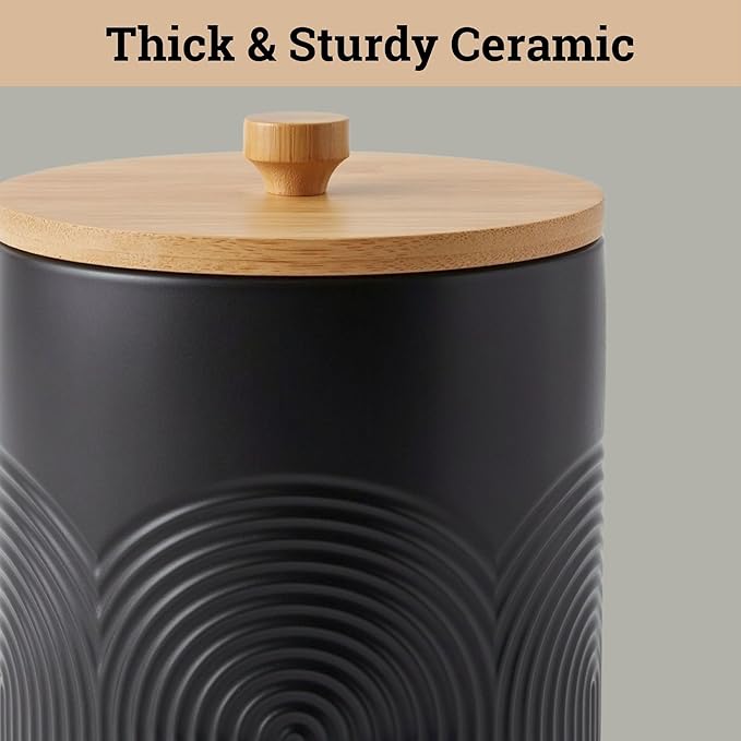 Ceramic Kitchen Canisters for Countertop Set of 3 with Airtight Bamboo Lids - Black Kitchen Canisters with Airtight Lids - Flour Sugar Canister Set - Flour and Sugar Containers Farmhouse - Coffee Jar