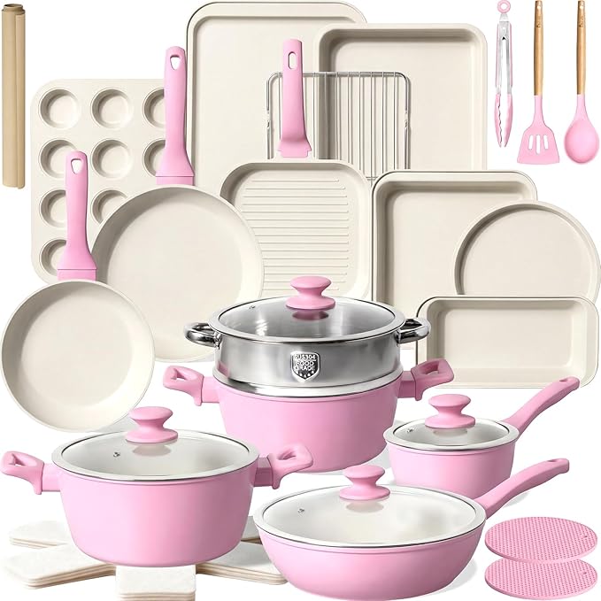 Kikcoin Pots and Pans Set Non Stick 31 Piece Kitchen Nonstick Cooking Cookware Sets with Grill Pan Saucepan Baking Sheet Utensil, Pink