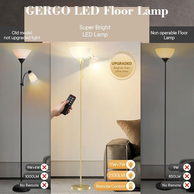 GERGO Led Floor Lamp, Super Bright 11W+7W 2100LM Torchiere Floor Lamps for Living Room, Stepless Adjustable 4 Color Temperatures 3000K-6000K with Remote Control for Bedroom(Golden)