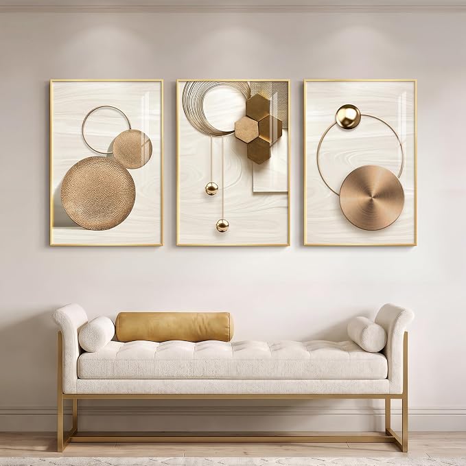 Large Framed Modern Luxury Gold Wall Art for Living Room, 3 Piece Bright Style Art Prints Paintings Artwork for Walls, Bronze Gold Geometric Pictures for Hallway Stair Office Wall Decor 24x36 In
