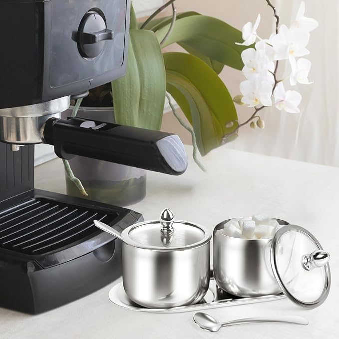 holoith 2 Pack Coffee and Sugar Dispenser with Tray - 10 oz Sugar Bowl with Glass Lid and Spoon for Coffee Bar Accessories Kitchen Storage for Salt,Coffees Bean,Brown Sugar Cubes (Silver)