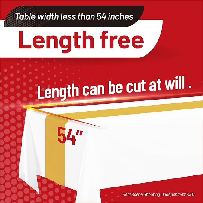 Plastic Table Cloth, 110 Ft X 54 In Disposable Tablecloth White Gold Tablecloth PEVA Premium Plastic Table Cloth Disposable with Any Cut Sliding Cutters for Picnics, Parties, Birthdays, Weddings