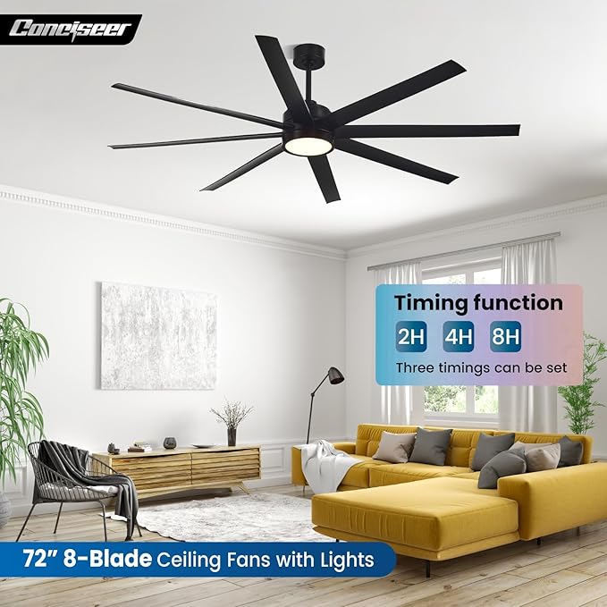 Modern Ceiling Fans with Lights, 72 Inch Ceiling Fan with Light and Remote, Bedroom Living Room Library Cafe Outdoor/Industrial,24W 3CCT Dimmable, 8 Blades 6 Speed Reversible Quiet DC Motor, Black