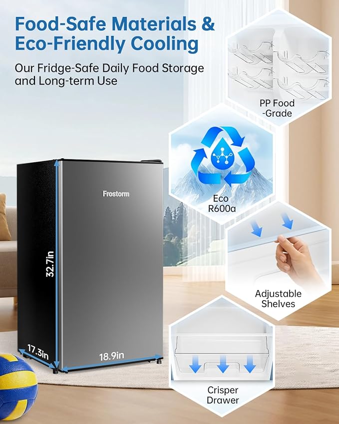 3.2 Cu Ft Mini Fridge with Freezer - Energy Efficient, Large Capacity Single Door Upright Freezer for Bedroom, Office & Dorm | Small Fridge, Reversible Door, ETL Certified(Silver)