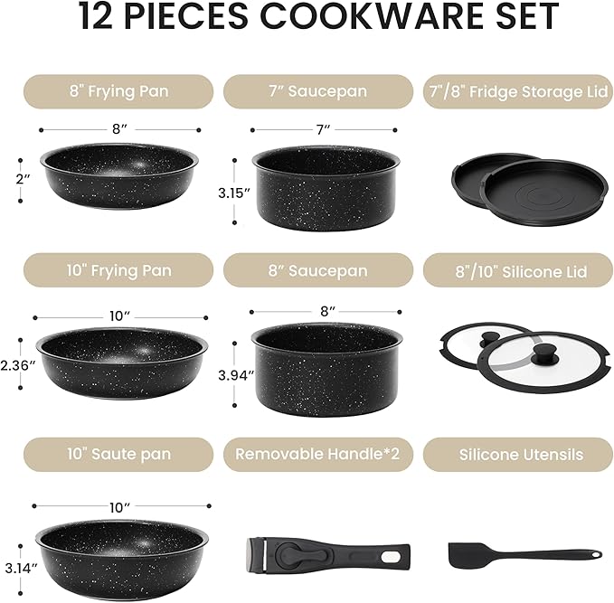 Simple Deluxe 12 Pcs Non-Stick Cookware Set, with Black Granite Texture and Detachable Handles, Resistant to High Temperatures, Oven Safe, PFAS and PFOA Free