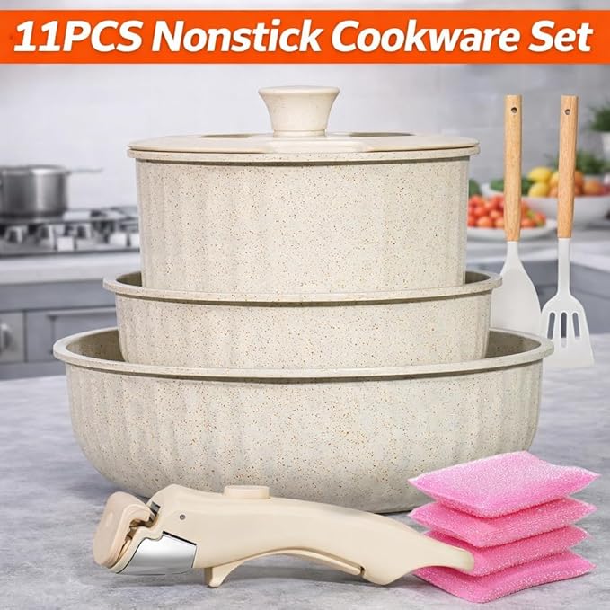 Vivicreate 11 Piece Pots and Pans Set Nonstick with Removable Handle, Induction Cookware, Stackable Kitchen Set for RV Camping Apartment, Frying Pan and Saucepan (White)