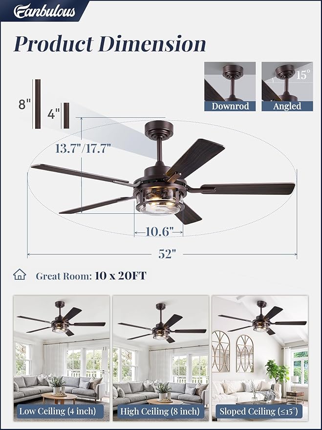 Fanbulous 52 Inch Ceiling Fan with Light and Remote,Downrod Mount Farmhouse Ceiling Fan for Bedroom, Quiet 6-Speed Reversible DC Motor, Rustic Brown & Wood Finish Blades