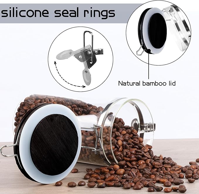 3 x 54 oz Glass Coffee Bean Storage Container with Shelf 3PCS Glass Containers with Airtight Locking Clamp Lid Spoons Coffee Canister Set Jars for Kitchen Food Storage Tea Sugar Black