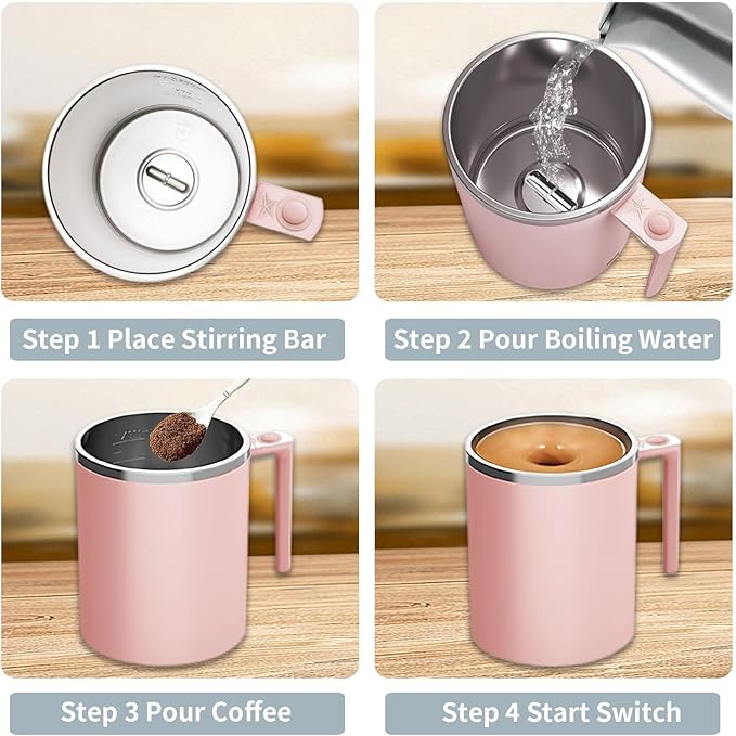 Self Stirring Mug, 12.2 oz Self Stirring Coffee Mug with Magnetic Stirrer & Anti-Sedimentation, Rechargeable Auto Magnetic Coffee Mug for Coffee, Milk, Hot Cocoa (Pink)
