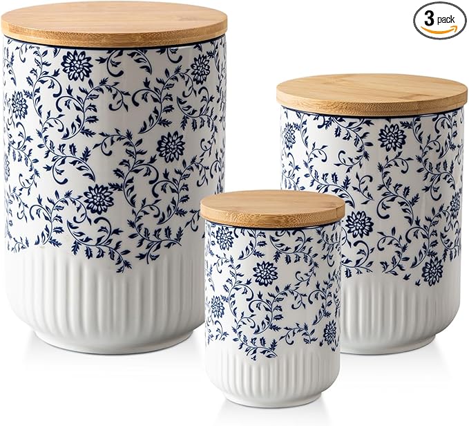 Canisters Sets for Kitchen - Ceramic Kitchen Containers for Countertop with Airtight Wood Lids - Flour and Sugar Containers for Coffee Tea Spice Beans Cookie Jars - Blue Set of 3