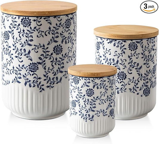 Canisters Sets for Kitchen - Ceramic Kitchen Containers for Countertop with Airtight Wood Lids - Flour and Sugar Containers for Coffee Tea Spice Beans Cookie Jars - Blue Set of 3