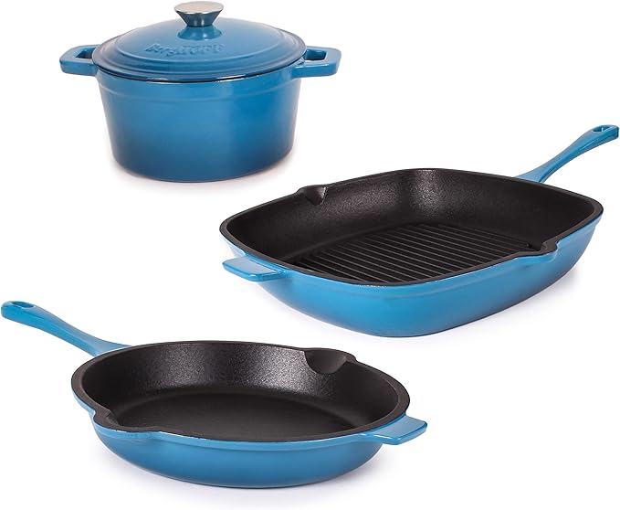 BergHOFF Neo 4Pc Enameled Cast Iron Cookware Set, Grill Pan 11 inches, Fry Pan 10 inches, 3qt. Dutch Oven, Matching Lid, Fast, Evenly Heat, Oven Safe (Blue)