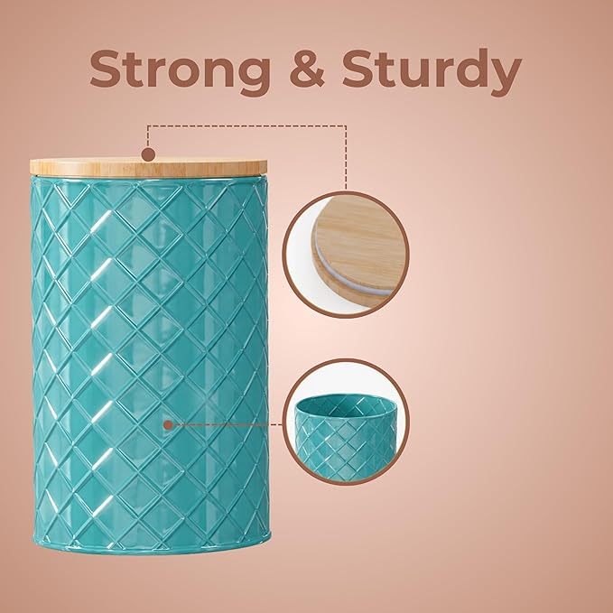 Pebble & Stem® Coastal Teal Metal Canister Set for the Kitchen with Measuring Spoon, Food Canister Set of 4, Airtight Lids, Sugar, Flour Containers, Coffee, Tea Storage, Farmhouse Decor