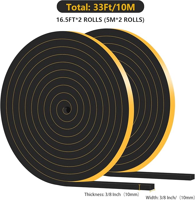 Weather Stripping Door Seal,Weather Stripping,Soundproof,Cold Insulation,High Density CR Foam Insulation Tape for Door, Front Door Frame, Windows,Sliding Door (Black, 3/8 in x 3/8 in x 33Ft)