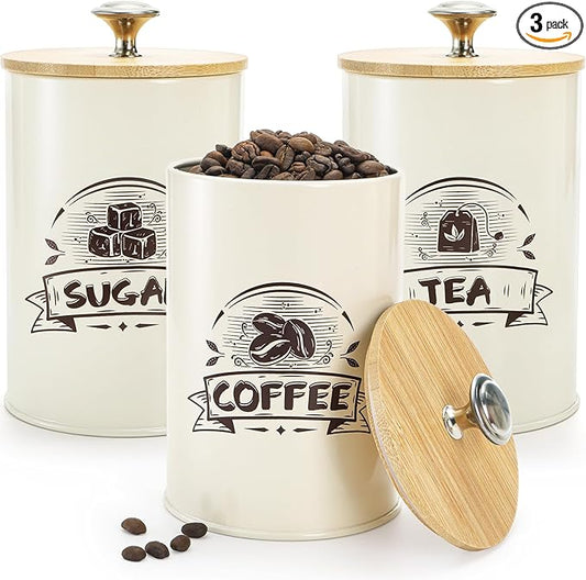 Covzoe 3 Pack Small Canisters for Kitchen, 26 Oz Metal Coffee Sugar Tea Canisters Set with Airtight Bamboo Lids, Mini Food Storage Containers Jars for Tea, Flour, Cookies, Spices, Countertop
