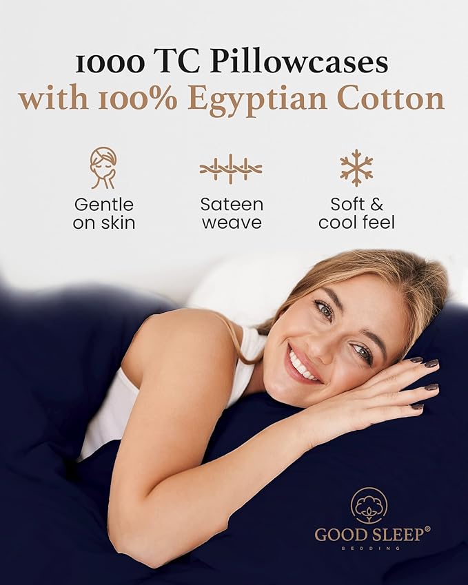 1000 TC Navy Blue King Pillowcases Set of 2 100% Egyptian Cotton Pillow Cases with Long Staple Cotton & Sateen Weave, Silky Soft Hotel - Like Bed Pillow Covers for Comfy Sleeping, Snug Fit