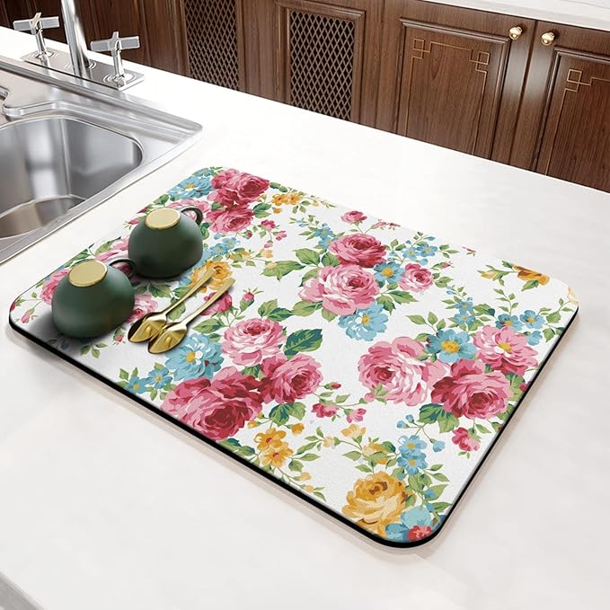 Coffee Bar Mat Accessories for Countertop Absorbent Hide Stain Rubber Backed Dish Drying Mats for Kitchen Counter Draining Pad Decor Gift (24x16in)