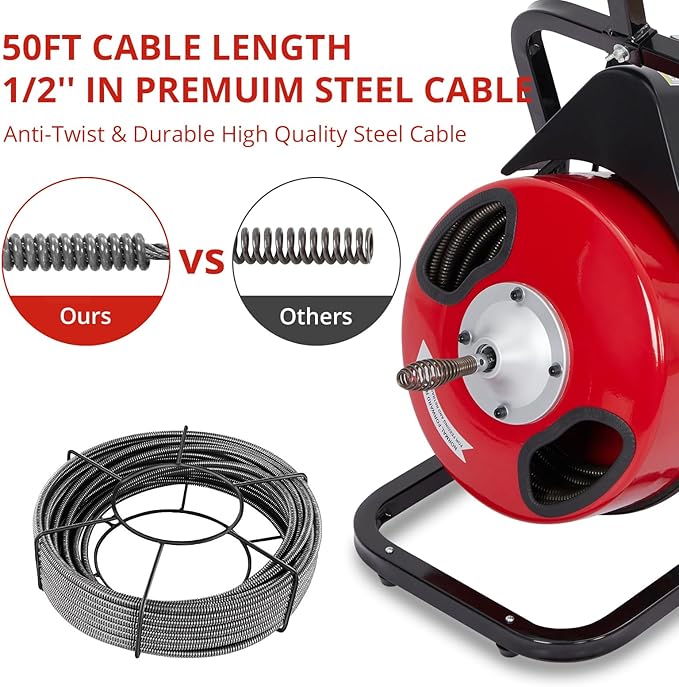 Electric Drain Cleaner Machine, 50FT x 1/2" Cable, 250W Auto-Feed Sewer Snake, 4 Interchangeable Cutter Heads, Air Foot Switch, Portable Auger for 1"-4" Pipes, Home and Commercial Use