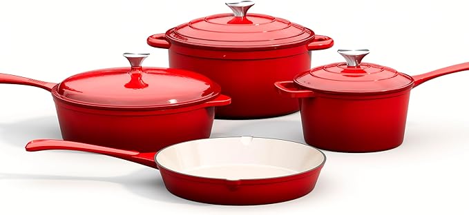 MAISON ARTS 7 Piece Enameled Cast Iron Cookware Set, Heavy Duty Induction Dutch Ovens Pot with Lid, Red Non Toxic Pots and Pans Sets, PFOA-PFOS Free