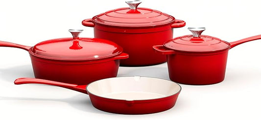 MAISON ARTS 7 Piece Enameled Cast Iron Cookware Set, Heavy Duty Induction Dutch Ovens Pot with Lid, Red Non Toxic Pots and Pans Sets, PFOA-PFOS Free
