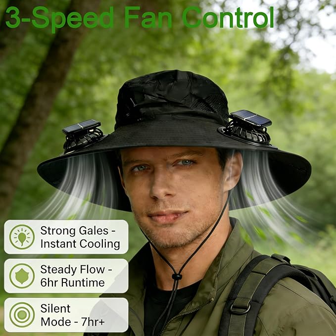 Solar Fan Hat, Hat with Fans Solar Power,Solar Powered Fan Hat for Outdoor Fishing, Hiking Gardening, USB Solar Charging Includes 2 Solar Fans(Black-XL)