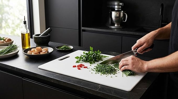 Farberware Extra-Large Plastic Cutting Board, Dishwasher- Safe Poly Chopping Board for Kitchen Meal Prep with Easy Grip Handle, 12-inch by 18-inch, White