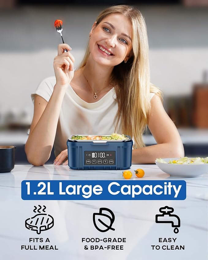 Cordless Electric Lunch Box for Adults – Battery-Powered Heated Lunch Box with 1.2L Stainless Steel Container, Timer Function, and Leak-Proof Food Warmer for Work, Travel & Office(Aqua Blue)