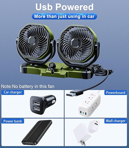 Dual Head Car Cooling Fan for Dashboard, DC 5V USB / 12V / 24V Universal Cigarette Lighter Plug Car Fans That Blow Cold Air Cooler for Vehicles Sedan Suv Rv Van Truck Utv Tractor Cab without AC