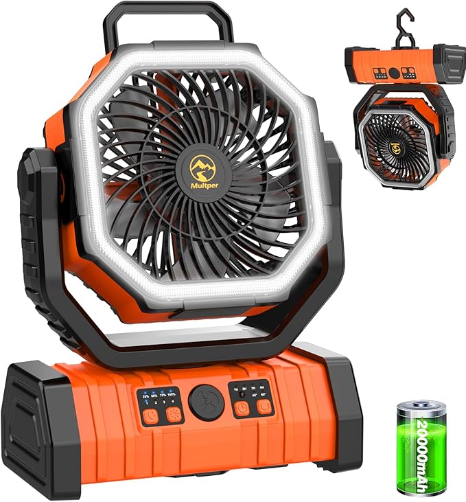 20000mAh Rechargeable Camping Fan, Auto-Oscillating Portable Fan for Camping with Remote & LED Lantern, 4 Speeds Battery Powered Fan with Hanging Hook & Timer for Tent, Travel, Outdoor, Home, RV