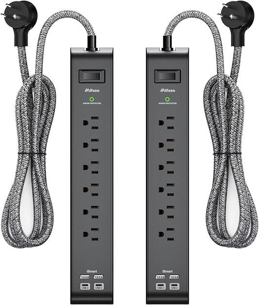 2 Pack 15FT Surge Protector Power Strip, Long Extension Cord with 6 Outlets 4 USB Ports, Flat Plug, 900 Joules, Wall Mount for Home Office Dorm