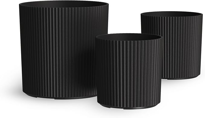 Mayne Haven Set of 3 (10in, 12in, and 14in) Fluted Planter, Round Planters for Outdoor Plants, Lightweight Concrete Look Plant Pots for Porch, Patio, Garden and Entryway Décor, Black