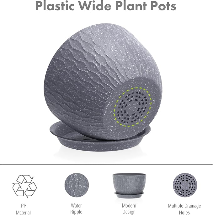 Meowell Large Flower Pots 12/10/9 inch, 3 Set Big Plant Pots for Outdoor Indoor Plants with Water Ripples, Wide Plastic Planters with Drainage Holes and Saucers for Garden House Plants, Speckled Grey