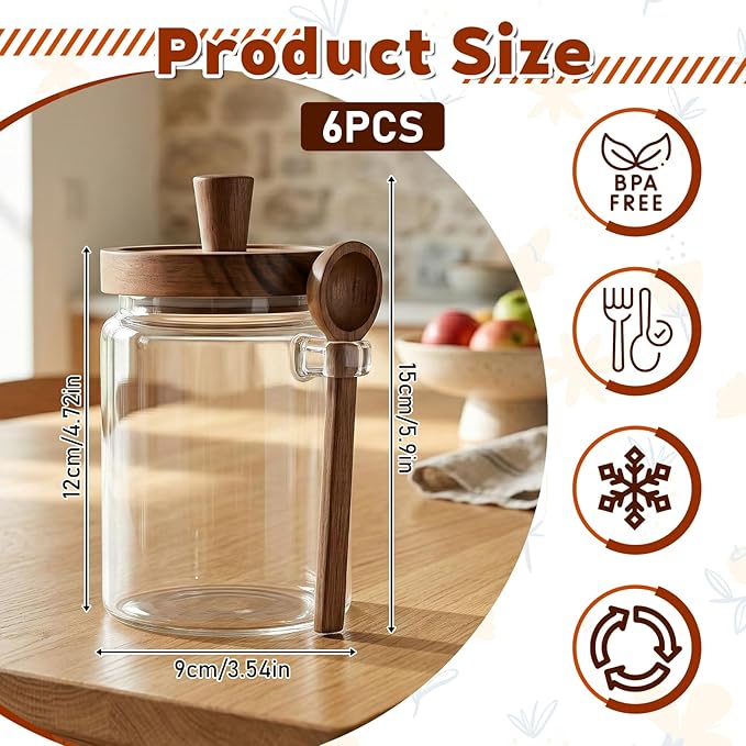 6 Pcs Coffee and Sugar Container Set, 20 oz Glass Coffee Jars with Wooden Lids and Scoops, Loose Leaf Tea Storage Canister Decorative Sugar Tea Creamer Canisters for Kitchen Countertop