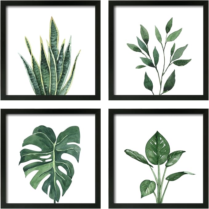 ArtbyHannah Framed Bathroom Wall Art Decor, 8x8 Inch 4 Pack Botanical Gallery Wall Frame Set Modern Farmhouse Sage Green Prints Artwork for Spa, Restroom, Bedroom, Office Decoration (Black)