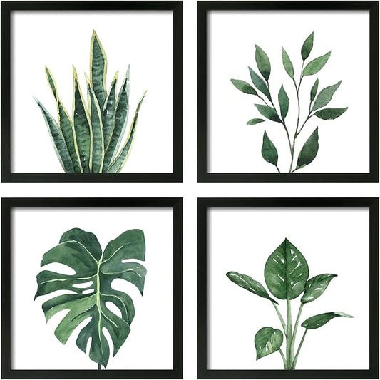 ArtbyHannah Framed Bathroom Wall Art Decor, 8x8 Inch 4 Pack Botanical Gallery Wall Frame Set Modern Farmhouse Sage Green Prints Artwork for Spa, Restroom, Bedroom, Office Decoration (Black)