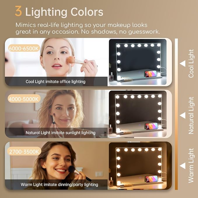 Hollywood Vanity Mirror with Lights, 23"x18" Lighted Makeup Mirror with 10x Magnification for Desk/Wall Mount, 15 Led Bulbs, 3 Lighting Modes for College Dorm, Bedroom, Dressing Room