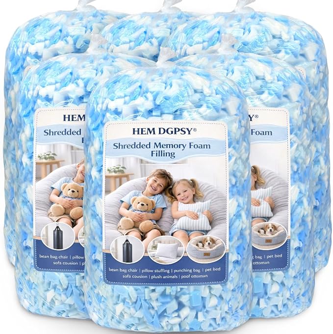 Shredded Memory Foam Filling-Bean Bag Filler, 30lbs Blue & White Premium Soft Stuffing for Punching Bag, Pillows, Couch, Cushions, Dog Bed, Added Gel Particles