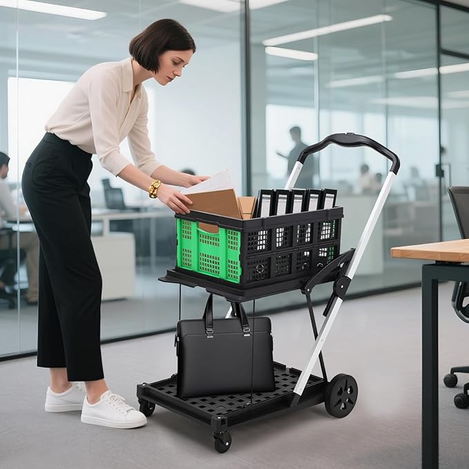 2 Tier Folding Shopping Carts for Groceries, 198 LB Capacity, Collapsible Portable Grocery Cart with Wheels & Removable Crate, Lightweight Foldable Shopping Trolley for Mall Market, Green