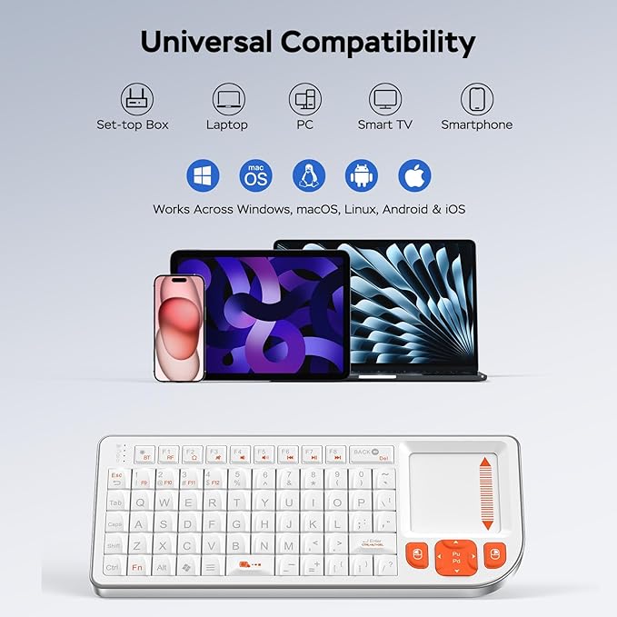 Mini Keyboard with Touchpad, Mini Bluetooth Keyboard, Ultra-Compact Portable for IT Professionals, Field Service Technicians, Home Theater PC & Multi-Device Travel - Durable &Reliable, White