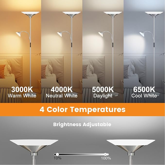 SIBRILLE Metallic Sliver Torchiere Floor Lamp, 2 Way 72'' Dimmable LED Standing lamp with Rmote, Multi Color Temps, 34W Tall Light with Independent Control for Living Room Bedroom Office Reading ﻿
