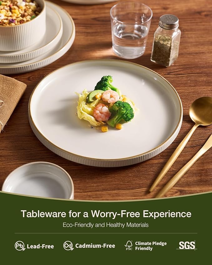 Famiware Star 24-Piece Stoneware Dinnerware Sets with Trim, Service for 6 - Ceramic Mugs, Plates, Bowls, Dishes for Everyday/Party/Formal Use, Chip/Scratch Resistant, Microwave/Dishwasher Safe, White