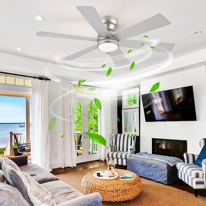 Asyko Silver RGB Ceiling Fan with Light and Remote/APP Control - 46" Flush Mount Low Profile Fan Light, 6 Speeds 3CCT and Reversible, Indoor Ceiling Fan for Bedroom, Party