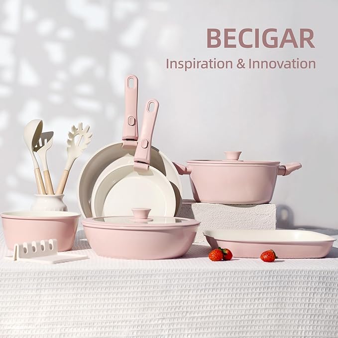 BECIGAR 23pcs Ceramic Pots and Pans Set, Nonstick Detachable Handle Cookware, Induction Kitchen Cooking Set with Removable Handle,include Frying Pans & Saucepans Oven Safe(Pink)